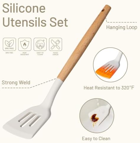 CAROTE 22-Piece Cooking Utensils Set with Wood Cool-Touch Handles, Cream - Image 3