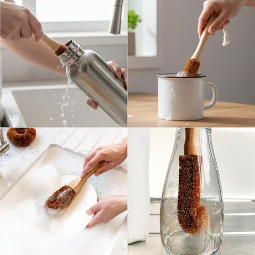 Eco-Friendly Kitchen Cleaning Brush (Twin Pack) - Wood Dish Brush with Coconut Fiber Bristles & Wooden Handle. Kitchen Brush for Bottles, Jars, Mugs, Glassware, and Cup Brush Cleaner - Image 3