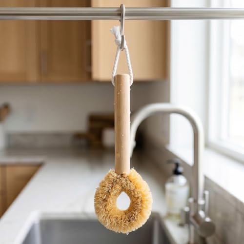 Tawashi Coir Dish Brush - Long Wooden Handle, Open Ring - Image 5