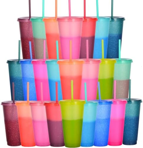 Color Changing Cups, 5 Pack 24oz Plastic Tumblers, Reusable Iced Coffee & Smoothie Cups with Lids and Straws for Parties and Travel (Cranberry, 24 Pcak) by Alohastarttg