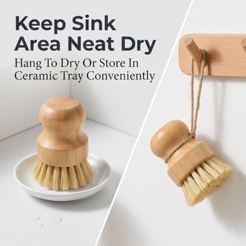 Bamboo Dish Brush Set, Natural Sisal Scrubber for Pots Pans Dishes with Tray, Eco Friendly Kitchen Brush 3 Pack - Image 6