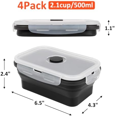 Collapsible Silicone Food Storage Containers Set with Lid & Air Vent,Foldable Lunch Containers(4PCS,Black,17oz) - Image 3