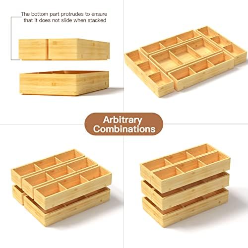 DUJEN 5 pieces Bamboo Drawer Organizer, Adjustable 3 Individual Junk Drawer organizer for Bathroom and Kitchen, Wood Drawer Organier Boxes for Jewellery, Make up and Tea Bag - Image 3
