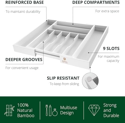 ROYAL CRAFT WOOD Luxury Bamboo Kitchen Drawer Organizer - Silverware Organizer - Utensil Holder and Cutlery Tray with Grooved Drawer Dividers for Flatware and Kitchen Utensils (9 Slot, White) - Image 3