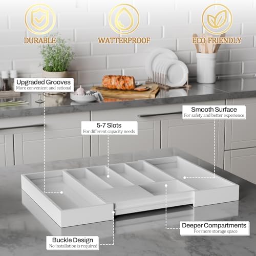 Bamboo Kitchen Silverware Drawer Organizer - Expandable Wood Utensil Holder with Dividers, Luxury Cutlery Storage Tray for Kitchen Utensil and Flatware (5-7 Slots with Removable Knife Block, (White) - Image 5