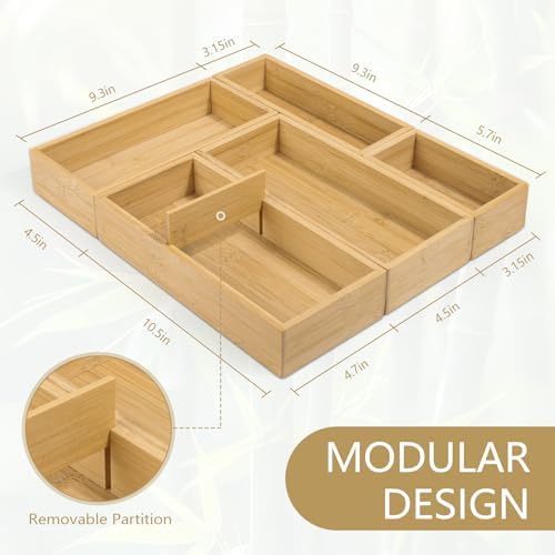 5 Pack Bamboo Drawer Organizer Set, Multi-Use Junk Drawer Organizer for Bathroom, Kitchen, Office, Jewelry, Makeup - Image 4