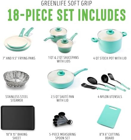 GreenLife Soft Grip Healthy Ceramic Nonstick 18 Piece Kitchen Cookware Pots and Frying Sauce Saute Pans Set, PFAS-Free with Kitchen Utensils and Lid, Dishwasher Safe, Turquoise - Image 3