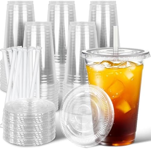 Ginkgo 50 Pack 24 oz Clear Plastic Cups with Lids and Straws by HOME