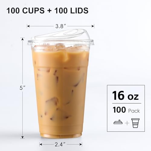 AOZITA 100 Pack 16 oz Plastic Cups With Strawless Sip-Lids, Iced Coffee Cups With Lids BPA Free, Disposable Clear Cups, To Go Cups for Smoothies, Party Drinks, Bubble Tea, Cold Beverage - Image 2