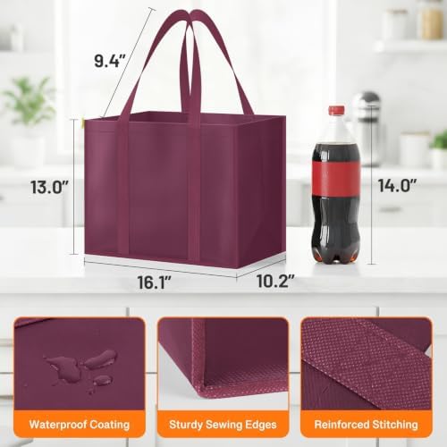 WISELIFE Reusable Grocery Bags, Foldable, Lasting Use, 35L, 3 Pack, Claret - Image 5