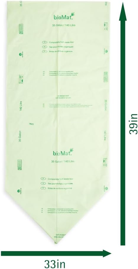 bioMat 35 Gallon Compostable Compost Liners, 10 Count, Biodegradable Trash Bags for Compost Bin, BPI ASTM D6400 and CMA Certified, Keep your Bin Clean
