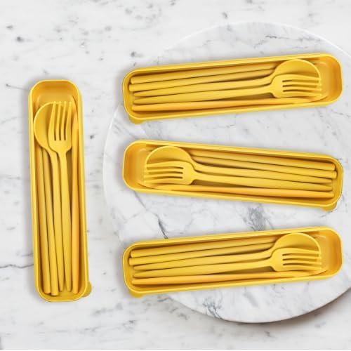 4 Sets Reusable Utensils Set with Case,Camping Cutlery Set Travel Silverware Set with Case Lunch Utensils Set for Work,Utensil Sets for Lunch Picnic Daily Use Outdoor (Yellow) - Image 3