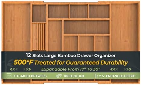 keechee Carbonized Large Bamboo Kitchen Drawer Organizer, 12 Slots Expandable Silverware Organizer, Utensil Holder & Cutlery Tray, 2.5" Deep for Extra Capacity, Non-Slip Feet Included by Keechee