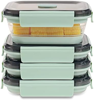 Collapsible Food Storage Containers with Lid & Air Vent, Clear Stacking Silicone Collapsible Food Container Set, Microwave Freezer Dishwasher Safe Space-Saver, Set of 4, Mint Green by Annaklin
