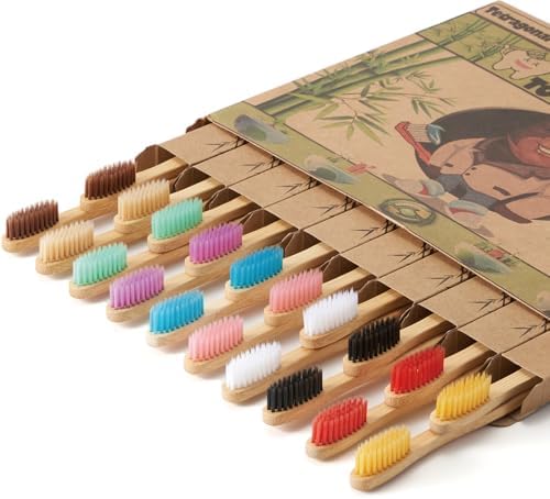 Tetragonal tree 20 Count Bamboo Toothbrushes - BPA Free Soft Bristles Natural Toothbrush Set - Biodegradable & Compostable Eco-Friendly Wooden Toothbrush, Multicolor by Tetragonal+tree