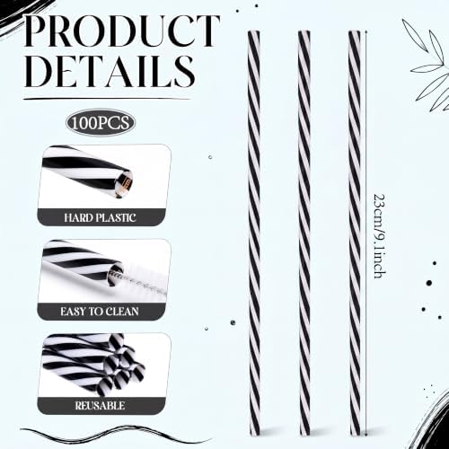 Honeydak 100 Pcs Reusable Plastic Straws Bulk,Black and White Stripe - Image 2