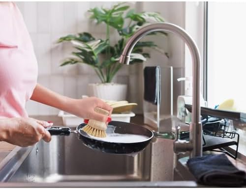 HIC Harold Import Co. Kitchen Natural Bristle Dish Pan Scrub Brush, Non-Scratch Natural Tampico Bristles with Wooden Handle - Image 2