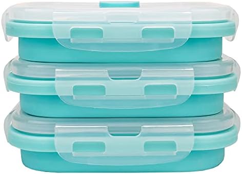 CCyanzi 3piece Collapsible Food Storage Containers with Lids, Silicone Lunch Container, Microwave & Freezer Safe, Space Saving for Kitchen Cabinet and Camping Backpack,(blue) by CCyanzi