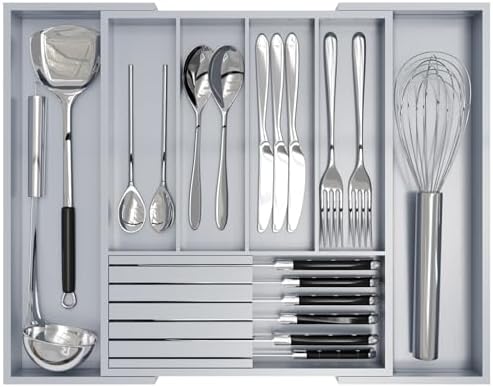 Bamboo Kitchen Silverware Drawer Organizer - Expandable Wood Utensil Holder with Dividers, Luxury Cutlery Storage Tray for Kitchen Utensil and Flatware (5-7 Slots with Removable Knife Block, Grey) by Bamfan