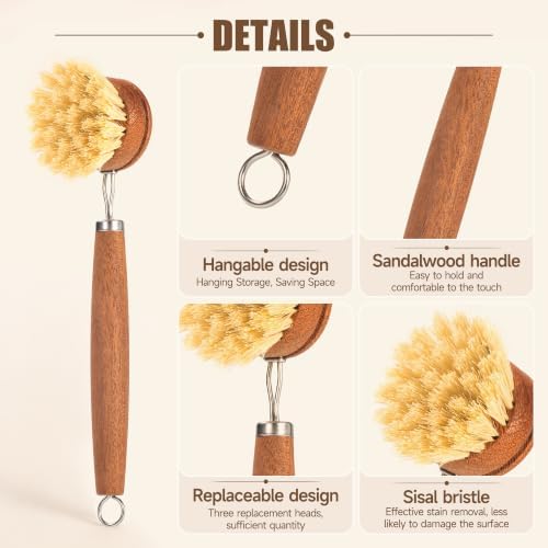 SAMEBUTECO Wood Dish Brush with Long Handle, Natural Sisal Kitchen Scrub Brushes for Fruit & Vegetable,Dishes, Pots and Pans, Includes 1 Scrubber and 2 Replacement Heads, Kraft Box, Brown - Image 5