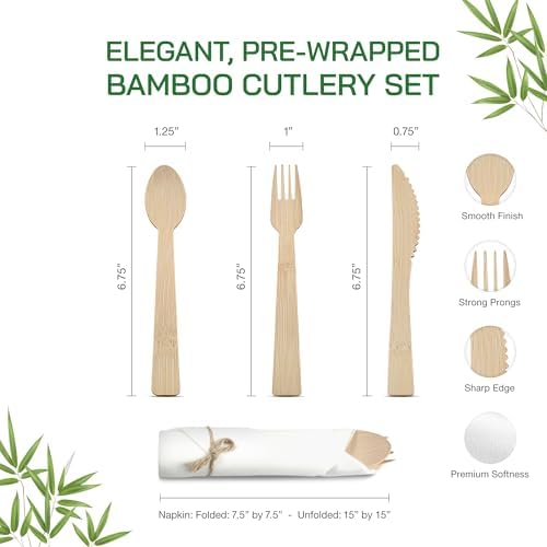 Prerolled Disposable Bamboo Cutlery Set – 25 Pack Pre Wrapped Silverware and Napkin Bundle with Forks, Knives, Spoons for Parties, Weddings, Events, and BBQ (Natural - Beige String) - Image 3