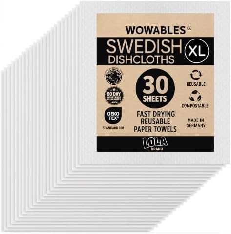Swedish Dishcloths for Kitchen XL, 30 Sheet Roll, Biodegradable & Compostable, Reusable Paper Towel Cleaning Cloths, 11" x 10", No Odor, Washing Dishes, Ultra Absorbent Cellulose Sponge Towel, By LOLA by LolaProducts