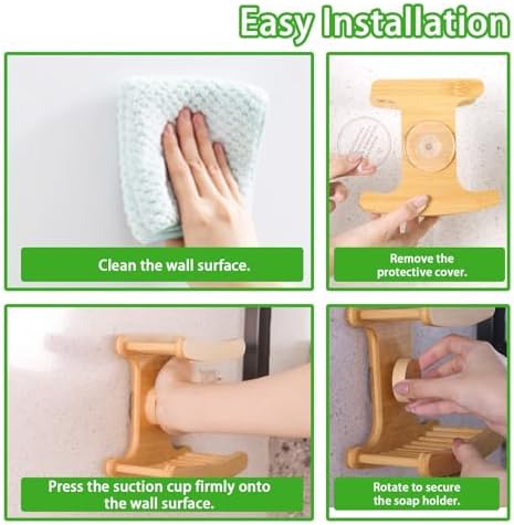 Suction Cup Soap Dish for Shower，Bamboo Soap Dish Holder for Shower, Suction Cup NO-Drilling, Self Draining for Bathroom，Natural Bamboo Color (Double soap Holder, Rectangular) - Image 5
