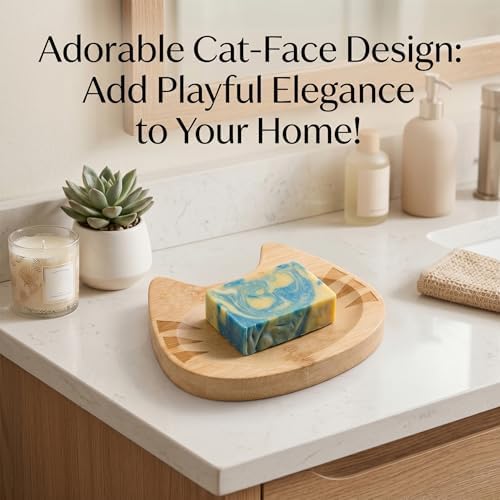 Bamboo Soap Dish Self Draining for Shower - Cute Cat Bamboo Soap Tray Holder Saver with Drainage, Natural Waterproof Decorative Tray for Bathroom, Kitchen, Sponges, Bath Tub, Shower, Sink - 1 Pack - Image 6