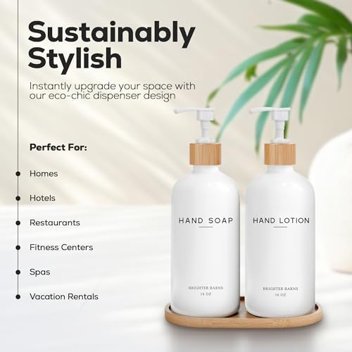 White Glass Soap and Lotion Dispenser Set with Tray by Brighter Barns - Hand Soap Dispenser Bathroom Set - Bamboo Bathroom Soap Dispenser Set - Minimalist Bathroom Accessories, Modern Home Decor - Image 2