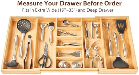 Umilife Extra Large Expandable Kitchen Drawer Organizer for Utensil and Junk, 19" Deep for Big Drawer, 19" to 33" Adjustable Bamboo Wood Drawer Divider, Cutlery Tray, Flatware Holder - Image 4