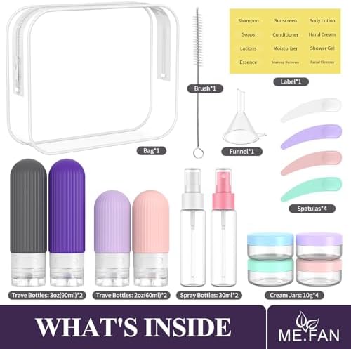 ME.FAN Travel Bottles for Toiletries,18 Pack Silicone Portable Size Bottle, TSA Approved Refillable Cosmetic Container Kits for Conditioner, Shampoo, Lotion,Face Cream - Purple - Image 2