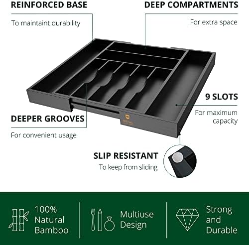 ROYAL CRAFT WOOD Luxury Bamboo Kitchen Drawer Organizer - Silverware Organizer - Utensil Holder and Cutlery Tray with Grooved Drawer Dividers for Flatware and Kitchen Utensils (9 Slot, Black) - Image 3