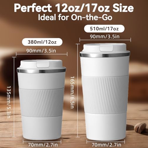 12OZ Travel Coffee Mug Insulated Coffee Cup with Spill Leak Proof Lid, Portable Stainless Steel Tumbler Reusable Hot and Cold Water Mug for Car, Daily, Camping- White - Image 2