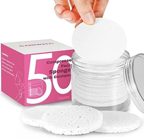 GAINWELL 50-Count Compressed Facial Sponges with Storage Container, for Facial Cleansing, Reusable Makeup Remover, Portable, Suitable for Travel, White by GAINWELL