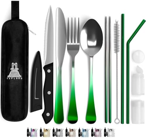 Taplord Portable Travel Silverware Set With Case - Includes 10 Pcs of Utensils, Stainless Steel Flatware For Camping, Easy to Travel, Lightweight (Green Two Tune) by Taplord