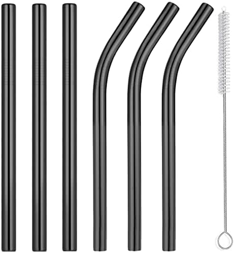 Vinaco 6 Pack Black 0.4" Wide Bore Reusable Stainless Steel Smoothie Straws by LightingMadeSimple