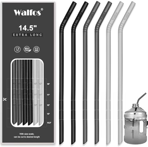 WALFOS Extra Long Reusable Silicone Straws 14.5 inch, Big Sizes Flexible Bendy Straws for 1/Half Gallon Large Water Bottles, 128 75 64 40 OZ Tumbler with Cleaning Brush (6-Pack) by Walfos
