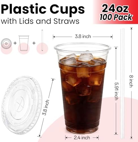 100 Pack 24 oz Plastic Cups with Lids and Straws, Clear Disposable Plastic Cups, Heavy Duty Iced Coffee Cups with Leak-Resistant Lids, Cold Drink Cups for Smoothies, Juice, Soda & Party To Go - Image 2