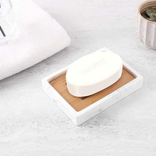 Luxspire Bamboo Soap Dish, Resin Holder with Drainage, Gravel White - Image 2