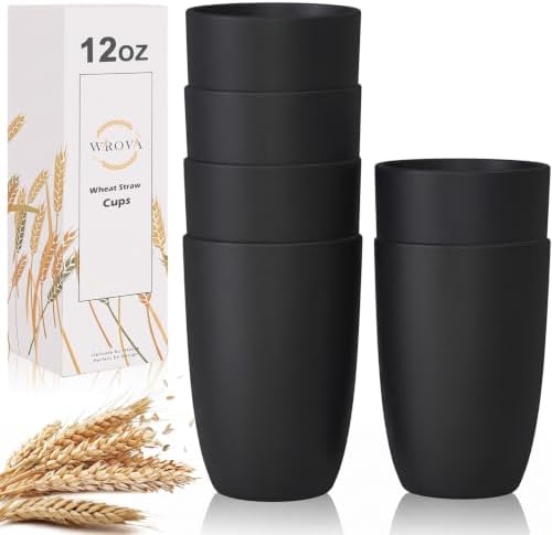 Wrova Wheat Straw Cups 6 PCS Good Alternative to Plastic Reusable Cups 12 oz Unbreakable Drinking Cup Reusable Dishwasher Safe Water Plastic Glasses Black by WROVA