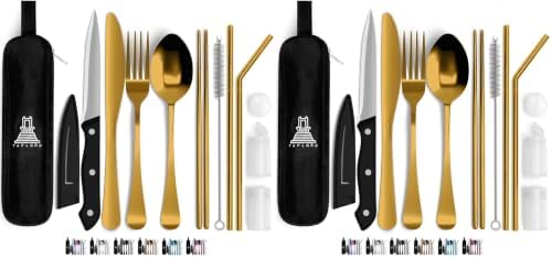 Taplord Portable Travel Silverware Set With Case, Includes 10 Pcs of Travel Utensils With Case, Stainless Steel Flatware Set For Camping, Lightweight (Gold) (Pack of 2) by Taplord