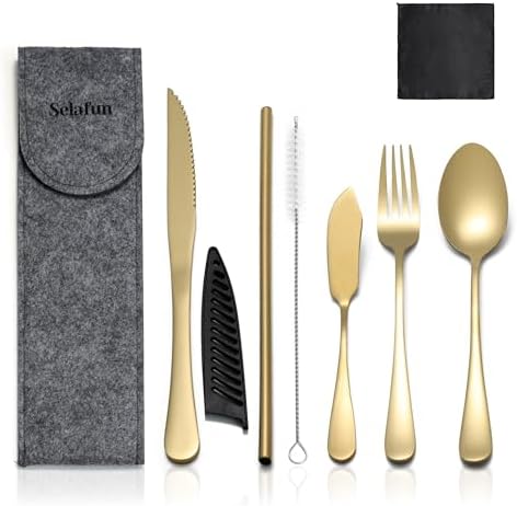 Travel Utensils with Case, Portable Silverware Set Stainless Steel Lunch Box Travel Cutlery Set for Work, Camping, Picnic, Hiking, Office (Gold) by Selafun