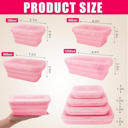 4 Pack Collapsible Silicone Food Storage Containers with Lids, Pink - Image 2