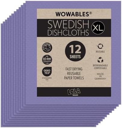 Swedish Dishcloths for Kitchen XL, 12 Sheet Roll, Biodegradable & Compostable, Reusable Paper Towel Cleaning Cloths, 11" x 10", No Odor, Washing Dishes, Ultra Absorbent Cellulose Sponge Towel, By LOLA by LolaProducts