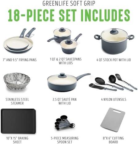 GreenLife Soft Grip Healthy Ceramic Nonstick 18 Piece Kitchen Cookware Pots and Frying Sauce Saute Pans Set, PFAS-Free with Kitchen Utensils and Lid, Dishwasher Safe, Gray - Image 3