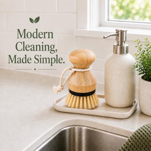 Kitchen Simple Bamboo Palm Brush Set, 2 Pack Dish Scrub Brushes for Pots, Pans, Dishes & Sink Cleaning, Durable Bristles, Bamboo Handle, Black Accent & Cotton Hanging Loop - Image 6