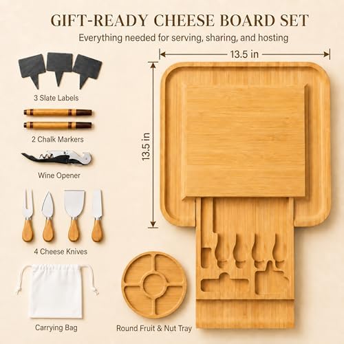 Charcuterie Boards Gift Set, Bamboo Cheese Board with Serving Accessories - Image 3