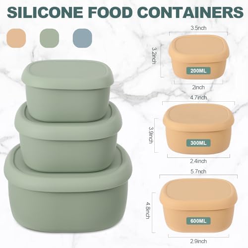 Vesici 9 Pcs Silicone Food Storage Containers Collapsible Reusable Small Containers with Lids Bpa Free for Christmas Party Snack Camping Lunch Bento Box (6.7oz, 10oz, 20oz) Green Blue Yellow - Image 2