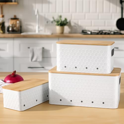 Kitchen Vegetable Storage Set of 3, Metal Onion Garlic Potato Storage Set, Kitchen Canisters Vegetable Keeper Containers with Aerating Holes and Bamboo Lid,Embossed White - Image 2