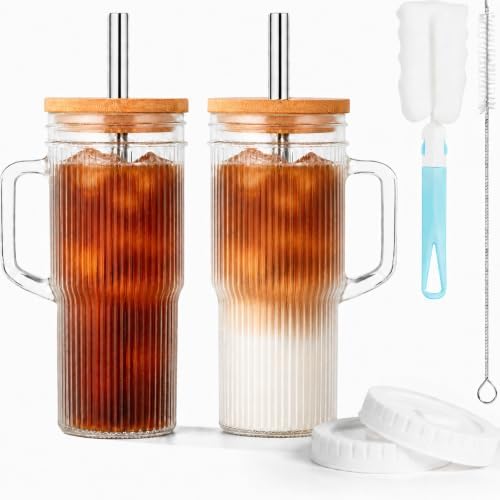 JunVpic Glass Tumbler, 24 oz Ice Coffee Cups with Bamboo Lid and Handle by Junvpic